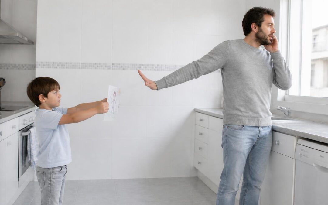 Terapia para trauma relacional: un padre al teléfono le hace un gesto de espera a su hijo, que le enseña un dibujo