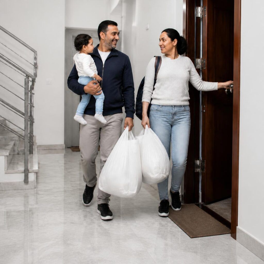 Mujer que carga sola con su bebé, las bolsas de la compra y una mochila mientras abre la puerta de casa